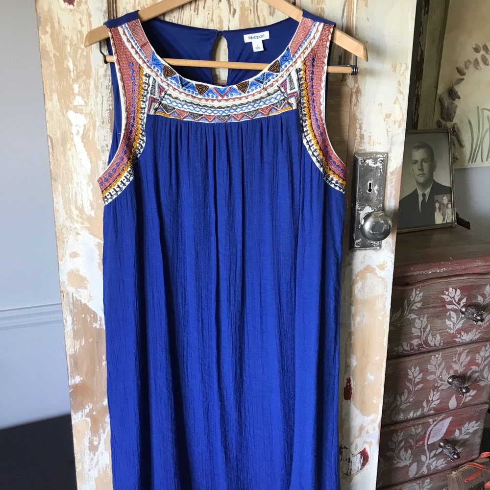 Westport lined blue dress with embroidered detail, size L